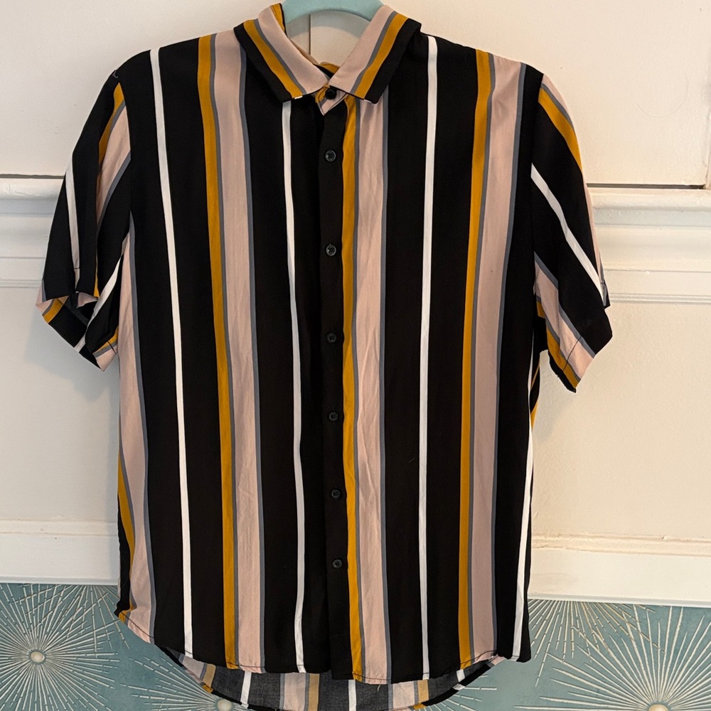 Men’s Denim & Flower Black, Mustard & Beige Vertical Stripe Button-Down Shirt.